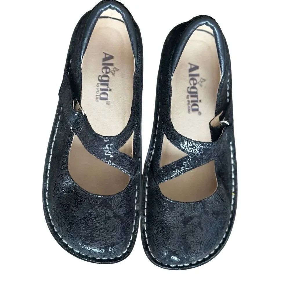 Alegria Dayna Black Paisley Mary Jane Shoes Size 37 WIDE. US Size 7 - 7 1/2 WIDE